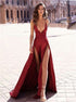 A Line Red Wine Spaghetti Straps V Neck Slit Satin Prom Dresses LBQ2203